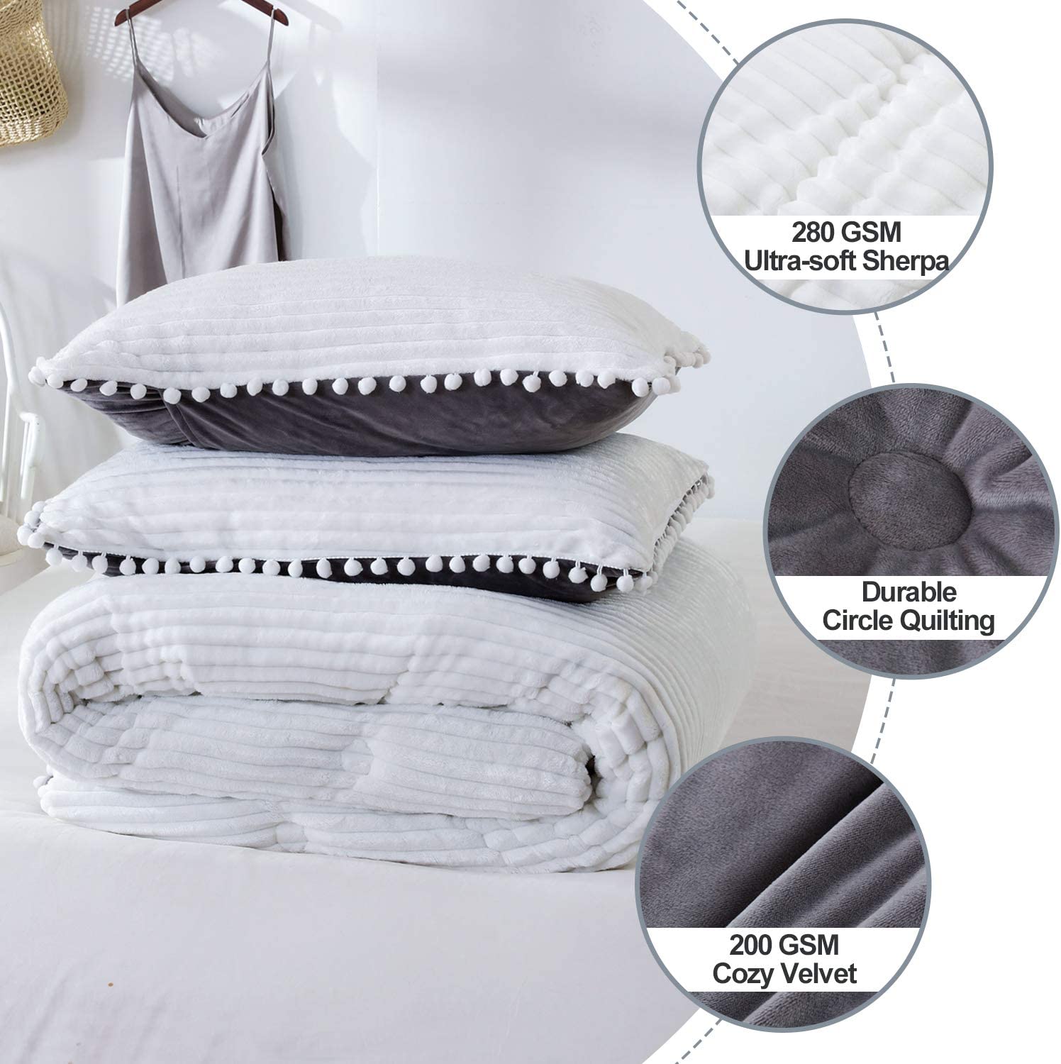 GOHOME Comforter Set ， 3pcs Reversible Velvet Shaggy Bedding Sets Fluffy Striped Flannel Comforter with 2 Pillow Shams White Gray Patchwork Quilt for Winter Christmas New Year， Queen Size 90