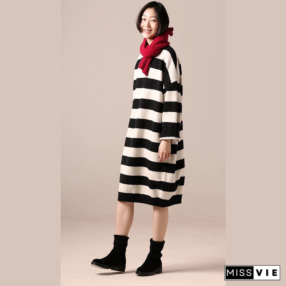 Elegant black white Woolen Coats Women trendy plus size medium length coat side open o neck spring woolen outwear