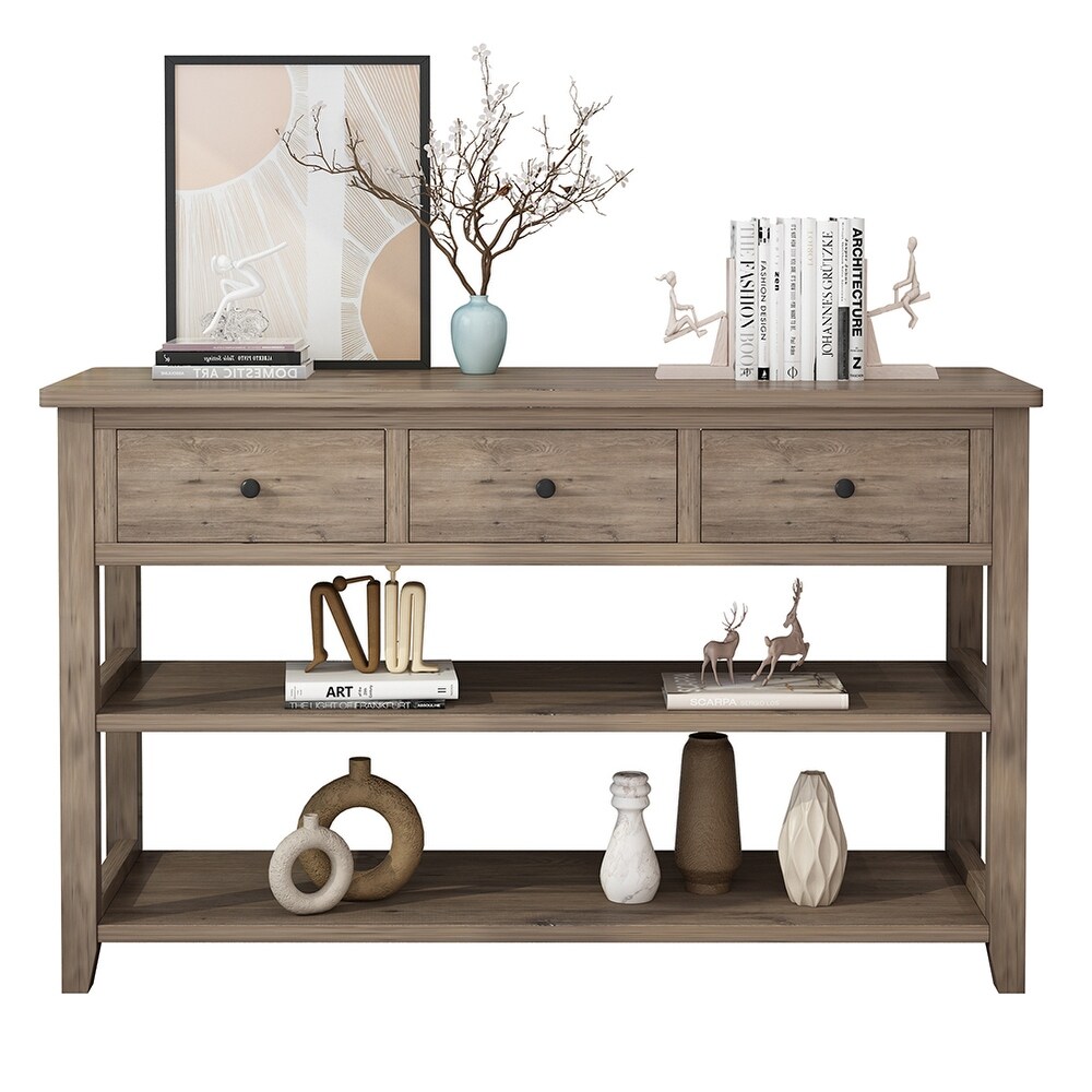 Wooden Console Table with 3 Drawers and 2 Open Storage Shelves