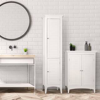 Teamson Home Simon 15 in. W x 63 in. H x 13-14 in. D Bathroom Linen Storage Floor Cabinet with 2-Shutter Doors in White HDT588