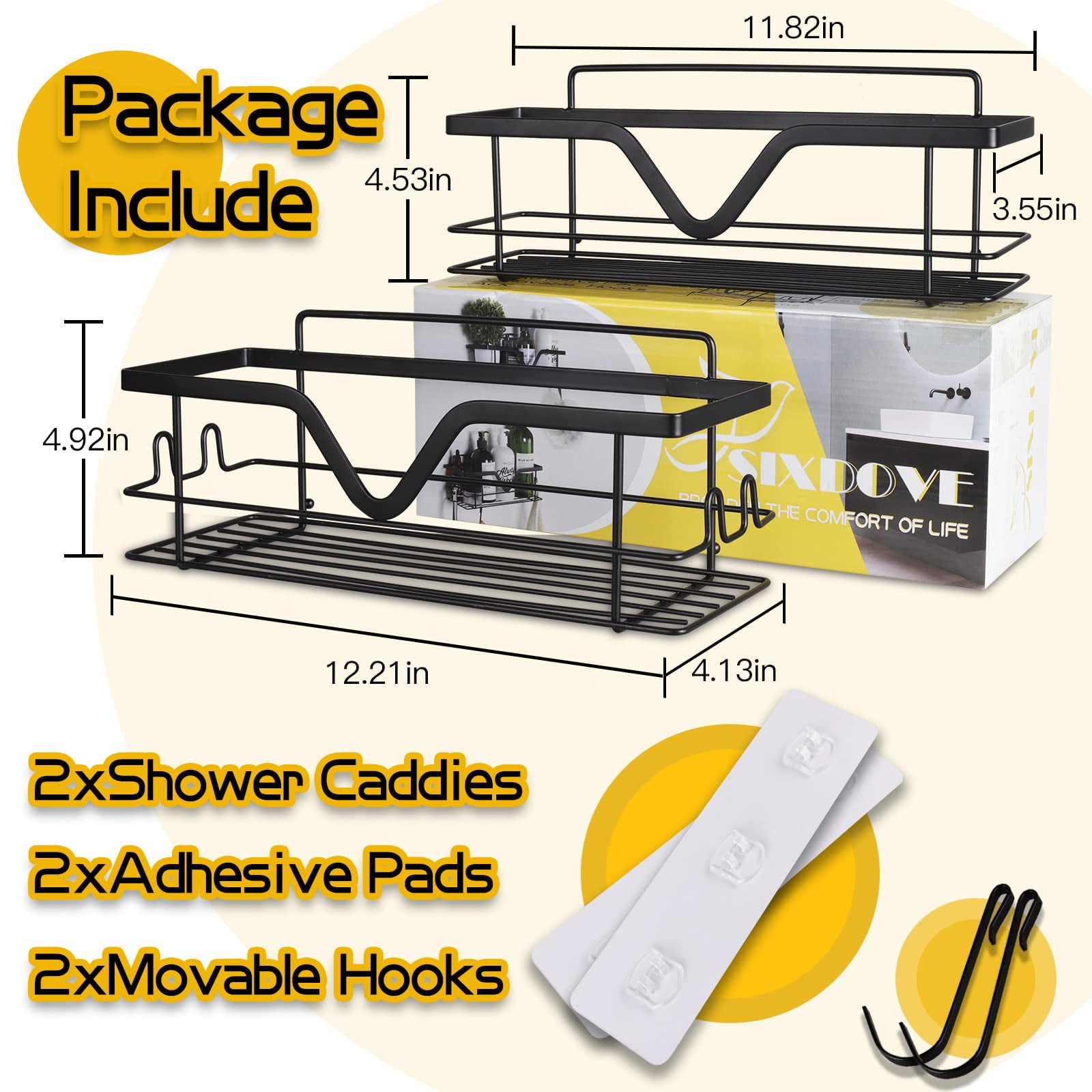 CHERISHGARD Shower Caddies 2 PACK - No Drilling Adhesive Shower Organizer with Hooks, Rustproof SUS304 Stainless Steel Bathroom Shower Shelf, Shower Rack Large Shower Holder & Kitchen Storage (Black)