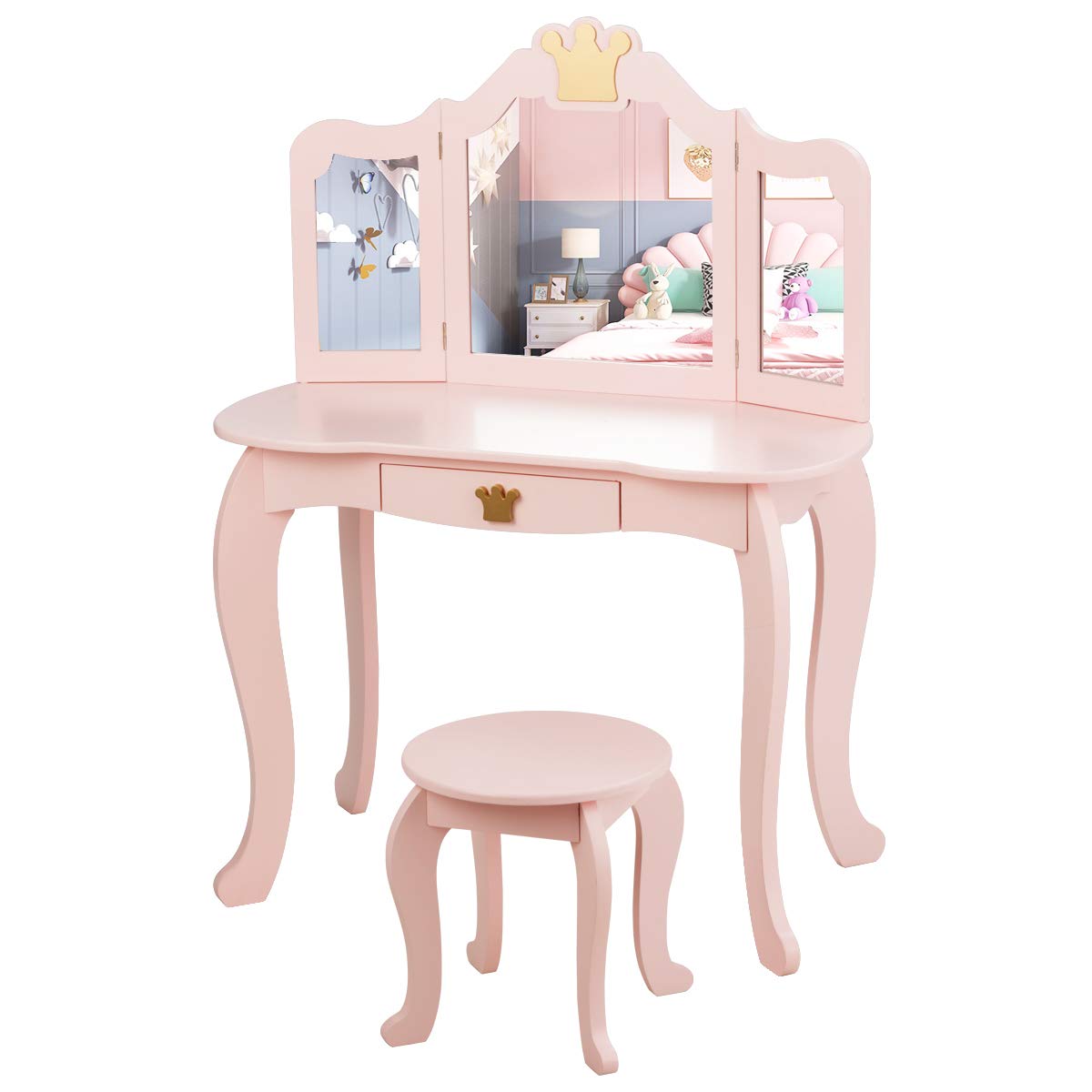 Costzon Kids Vanity Table and Chair Set,2 in 1 Vanity Set with Detachable Top, Pretend Beauty Play Vanity Set for Girls