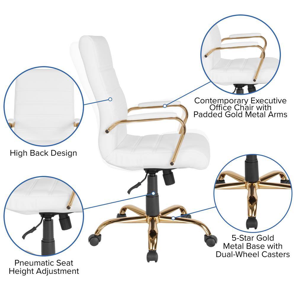 Flash Furniture Whitney High Back Faux Leather Swivel Ergonomic Office Chair in WhiteGold Frame with Arms GO2286HWHGLD