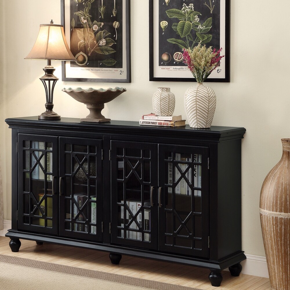 Decorative Lattice Overlay Design Black 4 door Accent Buffet Cabinet