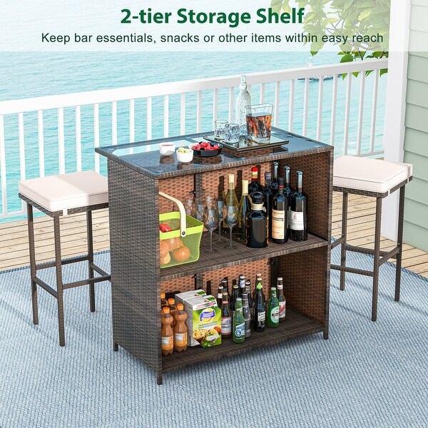 3 Pcs Patio Bar Set with Tempered Glass TabletopBrown