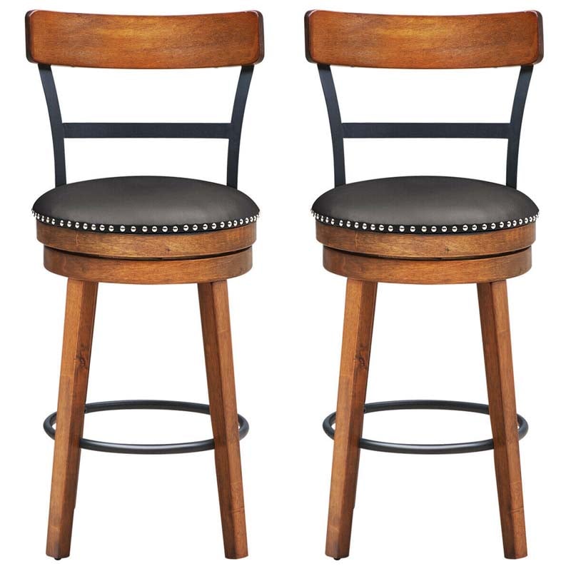 2-Pack 25.5 Wooden Swivel Bar Stools Counter Height Pub Kitchen Dining Chairs with Leather Padded Seat