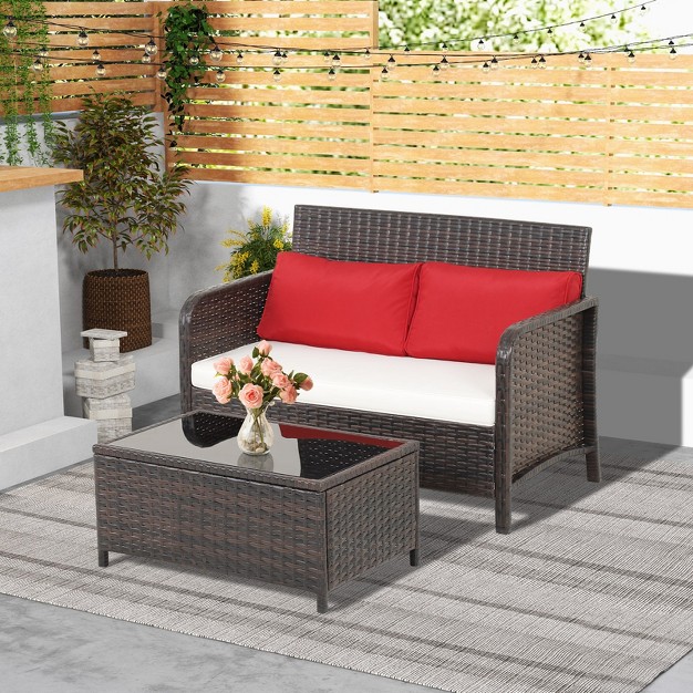 Tangkula 2pcs Patio Pe Wicker Rattan Loveseat Sofa Set W Coffee Table amp Cushions