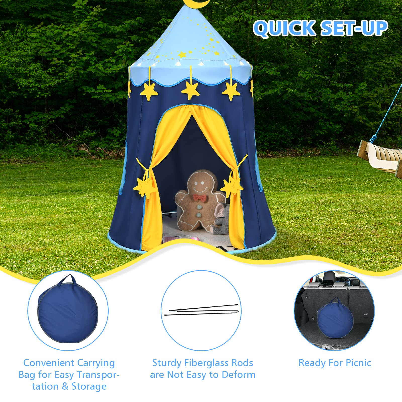 Costzon Kids Play Tent, Foldable Large Pop Up Playhouse Tent w/ Star String Lights & Carrying Bag