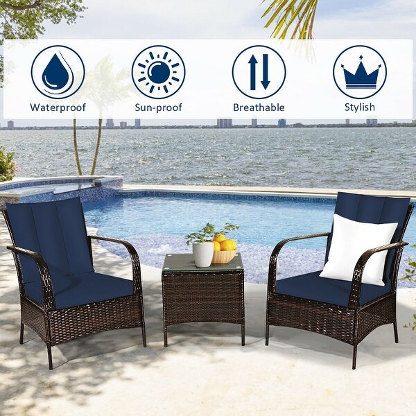 Costway 3 PCS Patio Wicker Rattan Furniture Set Coffee Table and 2