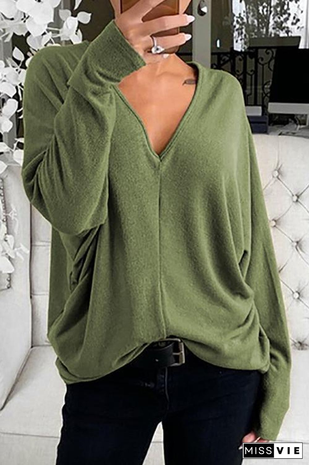 V Neck Long Sleeve Loose T Shirt