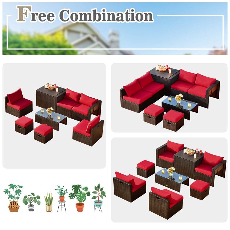 8 Pcs Rattan Patio Sectional Sofa Set with Storage Box & Waterproof Cover