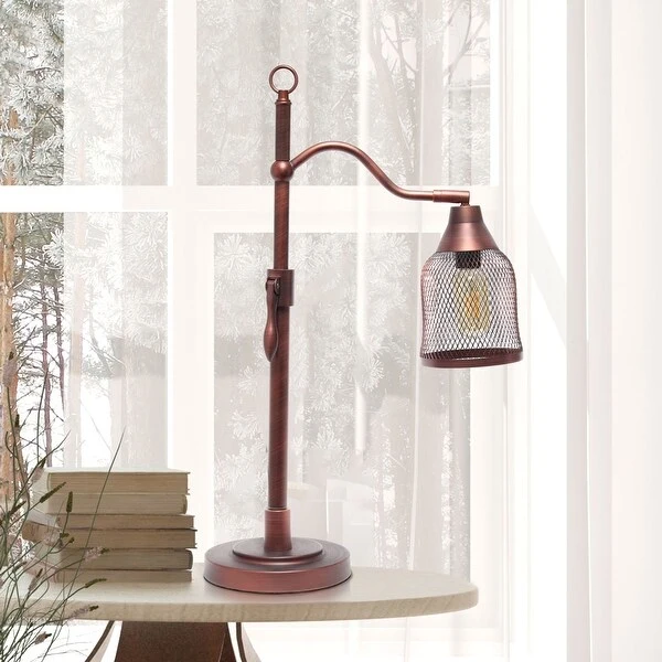 Lalia Home Vintage Arched Table Lamp with Iron Mesh Shade， Red Bronze - 14.75(L)7(W)20.75(H)