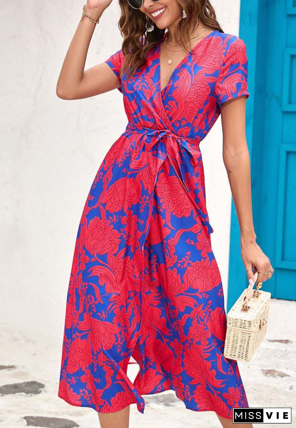 Printed Surplice Neck Midi Dress