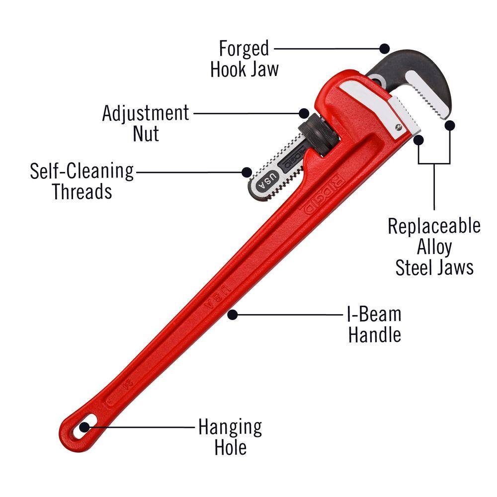 RIDGID 24 in. Straight Pipe Wrench for Heavy-Duty Plumbing Sturdy Plumbing Pipe Tool with Self Cleaning Threads and Hook Jaws 31030