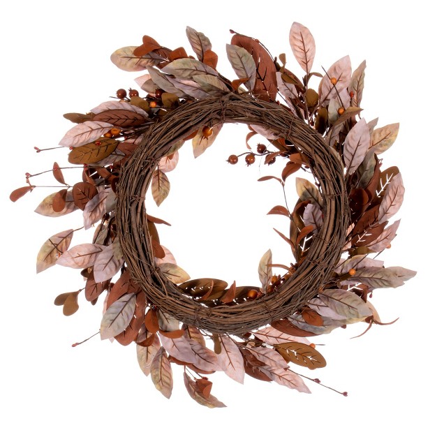 Artificial Light Brown Fall Berry And Wood Leaf Wreath