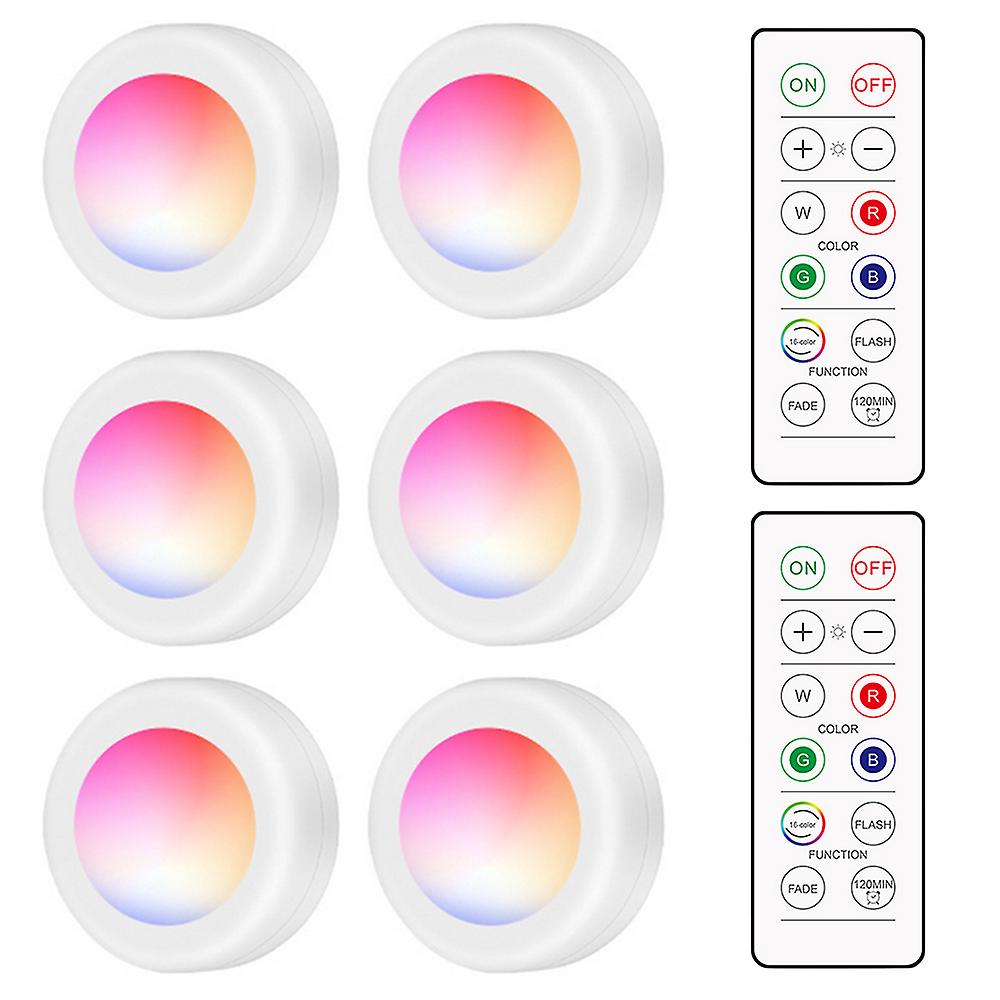 6pcs Leds Puck Light Cabinet Lighting With Remote 16rgb Closet Light 10 Dimmer Timer Function Wirelessly Battery Operated Night Lamp For Kitchens Bath