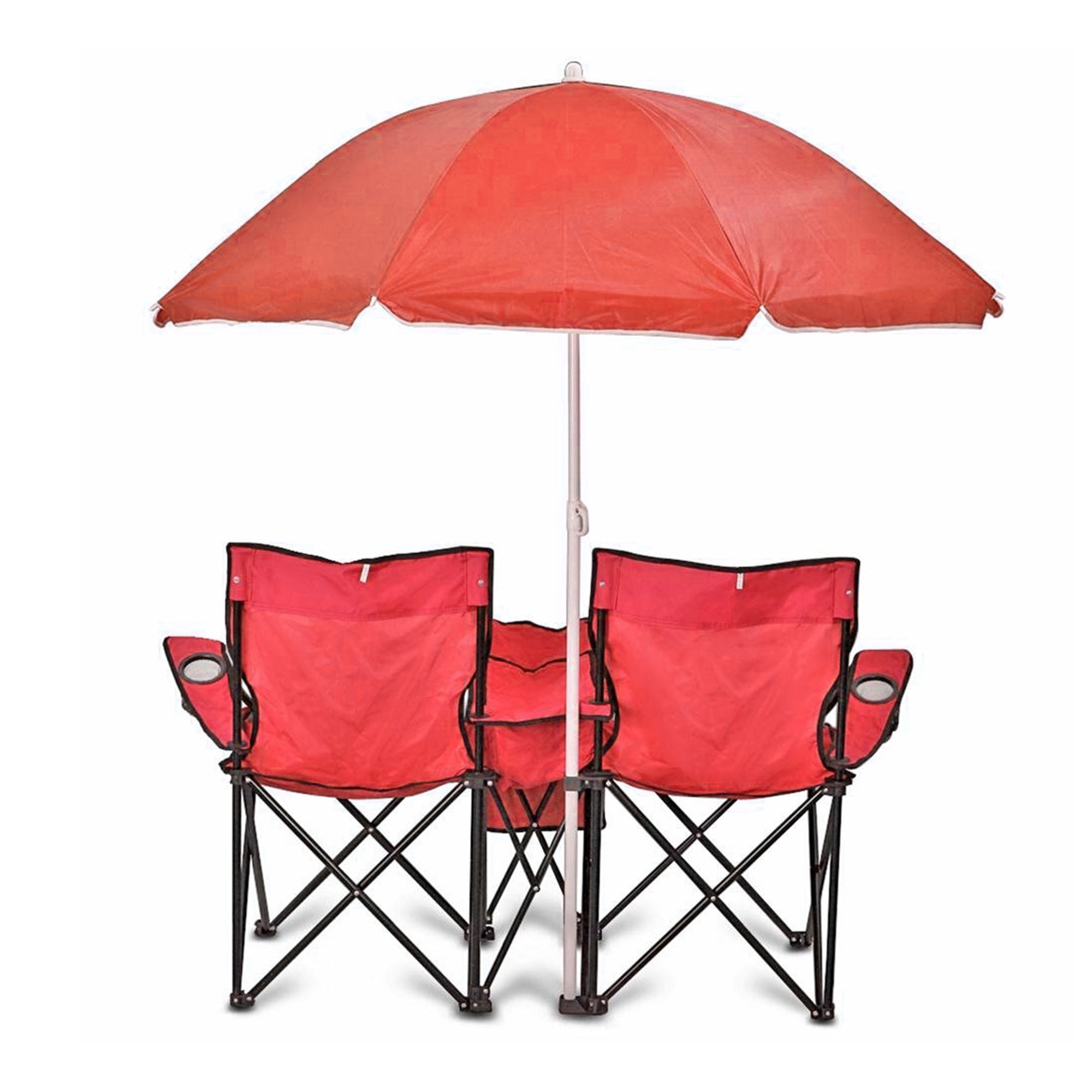 Double Folding Camping Chair Set with Shade Umbrella and Cooler Bag, Red (Used)