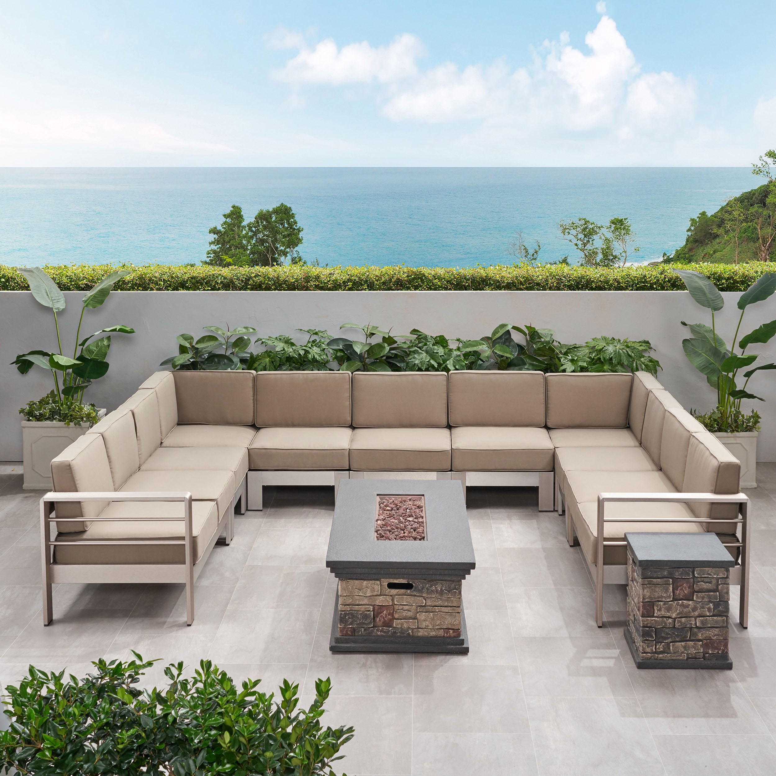 Pag Outdoor 11 Seater Aluminum U-Shaped Sofa Sectional and Fire Pit Set