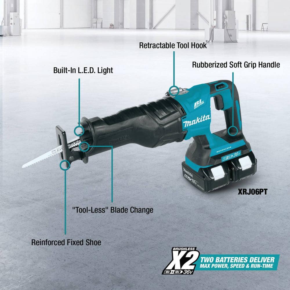 Makita 18V X2 LXT Lithium-Ion (36V) Brushless Cordless Reciprocating Saw Kit (5.0Ah) with 2 Batteries 5.0Ah and Charger XRJ06PT