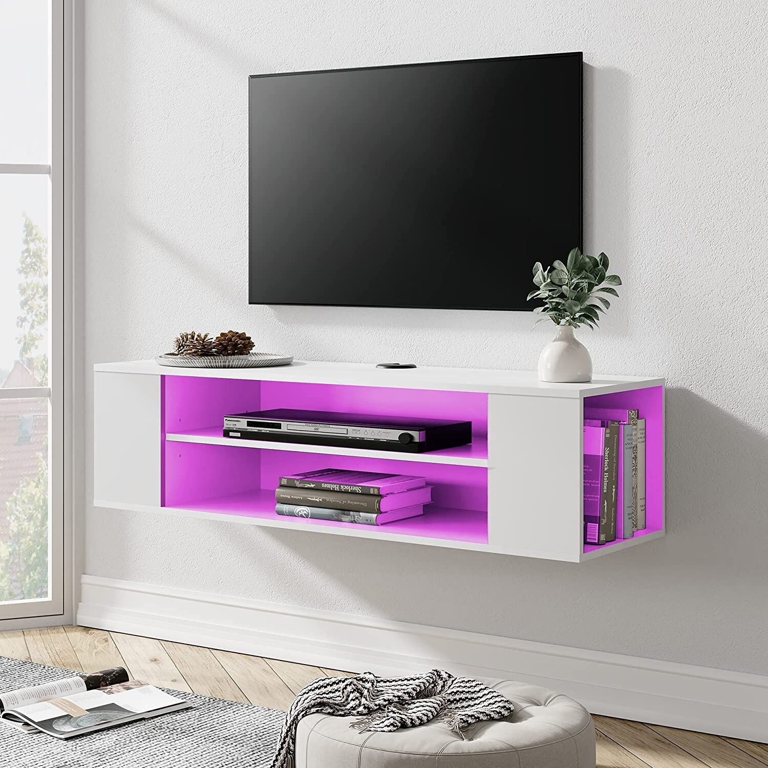 White Floating TV Stand with Colorful LED Lights， Floating Entertainment Center Wall Mounted， Floating TV Media Console