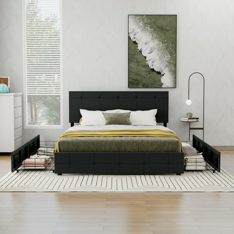 NNV Upholstered Platform Bed Frame with 4 Storage Drawers  Button Tufted Design