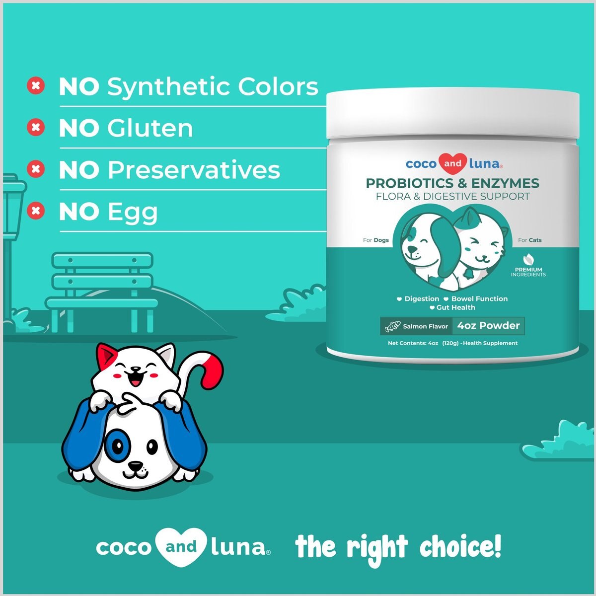 Coco and Luna Probiotics and Enzymes Flora and Digestive Support Salmon Flavor Powder Dog and Cat Supplement， 4-oz jar