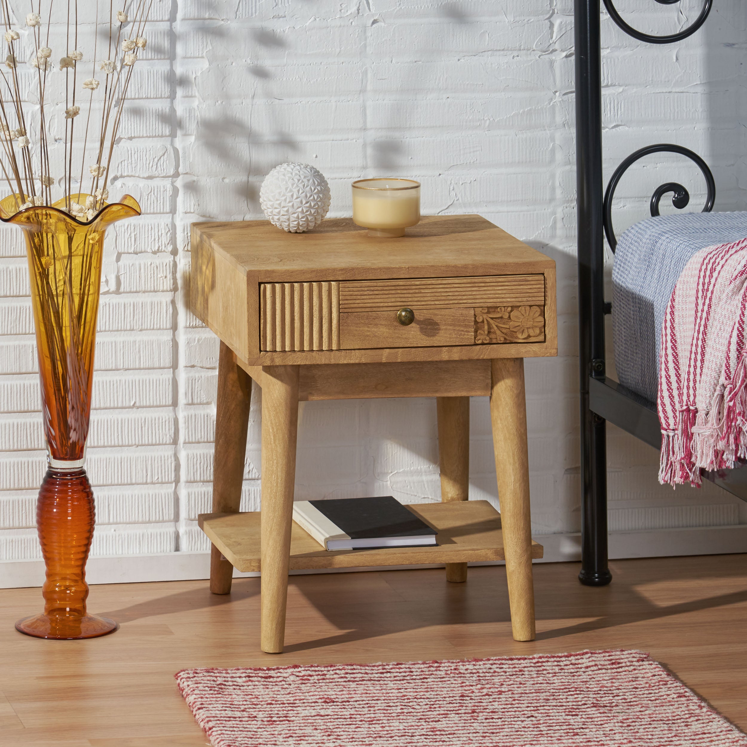 McManus Tennille Boho Handcrafted Mango Wood Nightstand with Drawer, Natural