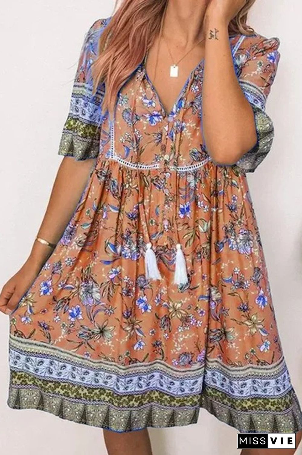 V-Neck Floral Half Sleeve Tassel Dress