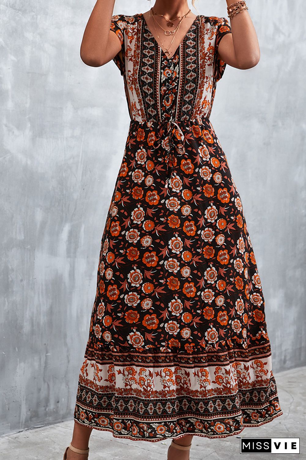 Floral Print Short Sleeve Long Dress Wholesale