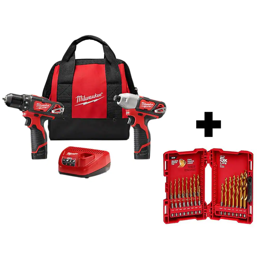 Milwaukee M12 12V Lithium-Ion Cordless Drill Driver/Impact Driver Combo Kit (2-Tool) With Titanium Drill Bit Set (23-Piece)