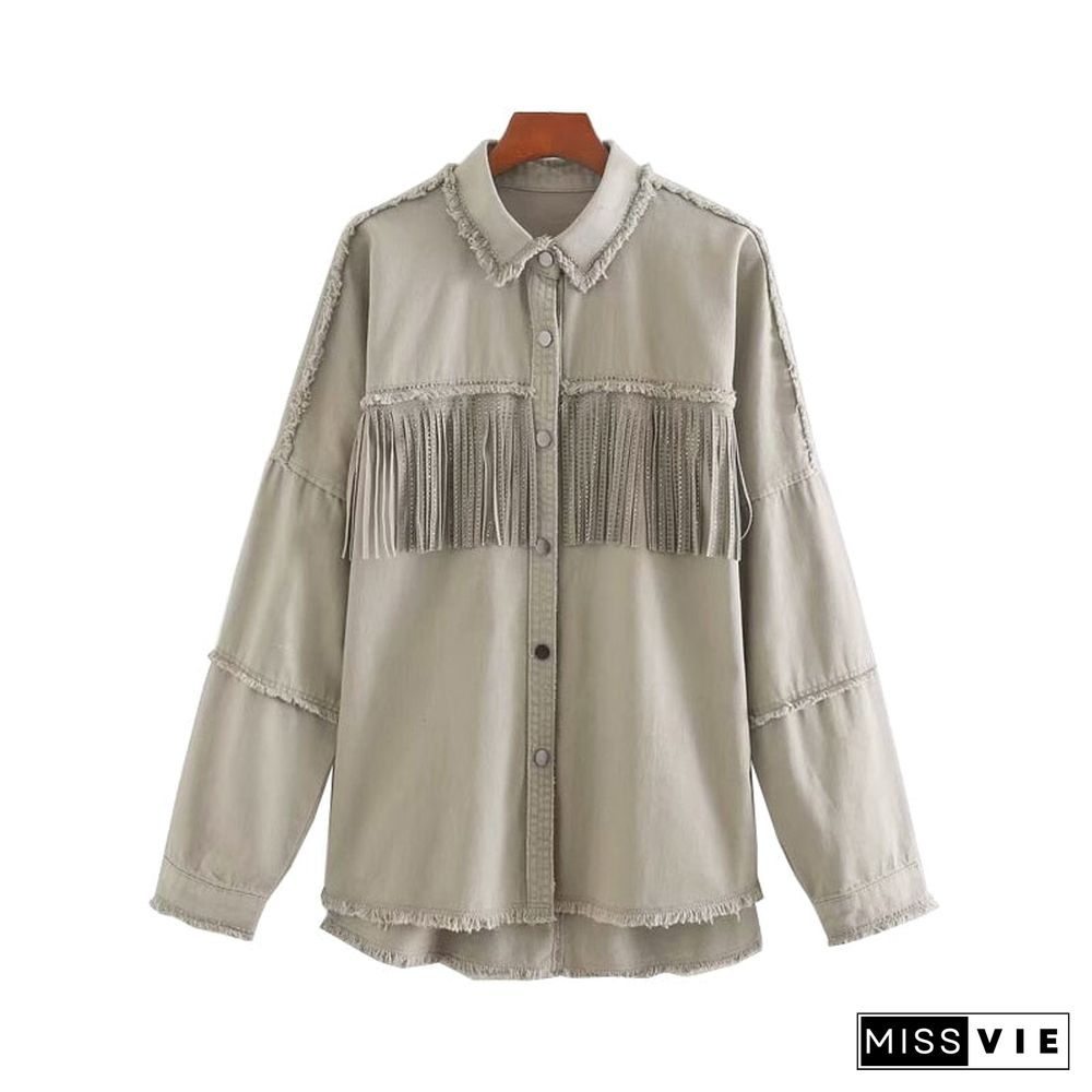 Vintage Stylish Fringe Beaded Loose Denim Jacket Coat Women Fashion Long Sleeve Frayed Trim Ladies Outerwear Chaqueta Mujer