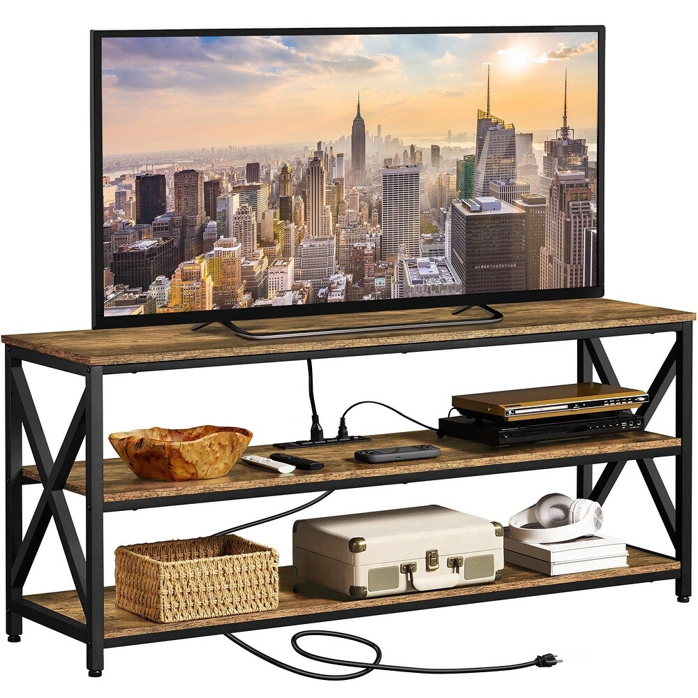 TV Stand for 65 inch  Cabinet with Power Outlets   TV Console with 3 Tier Storage Shelves   Charging Station  Rustic Brown