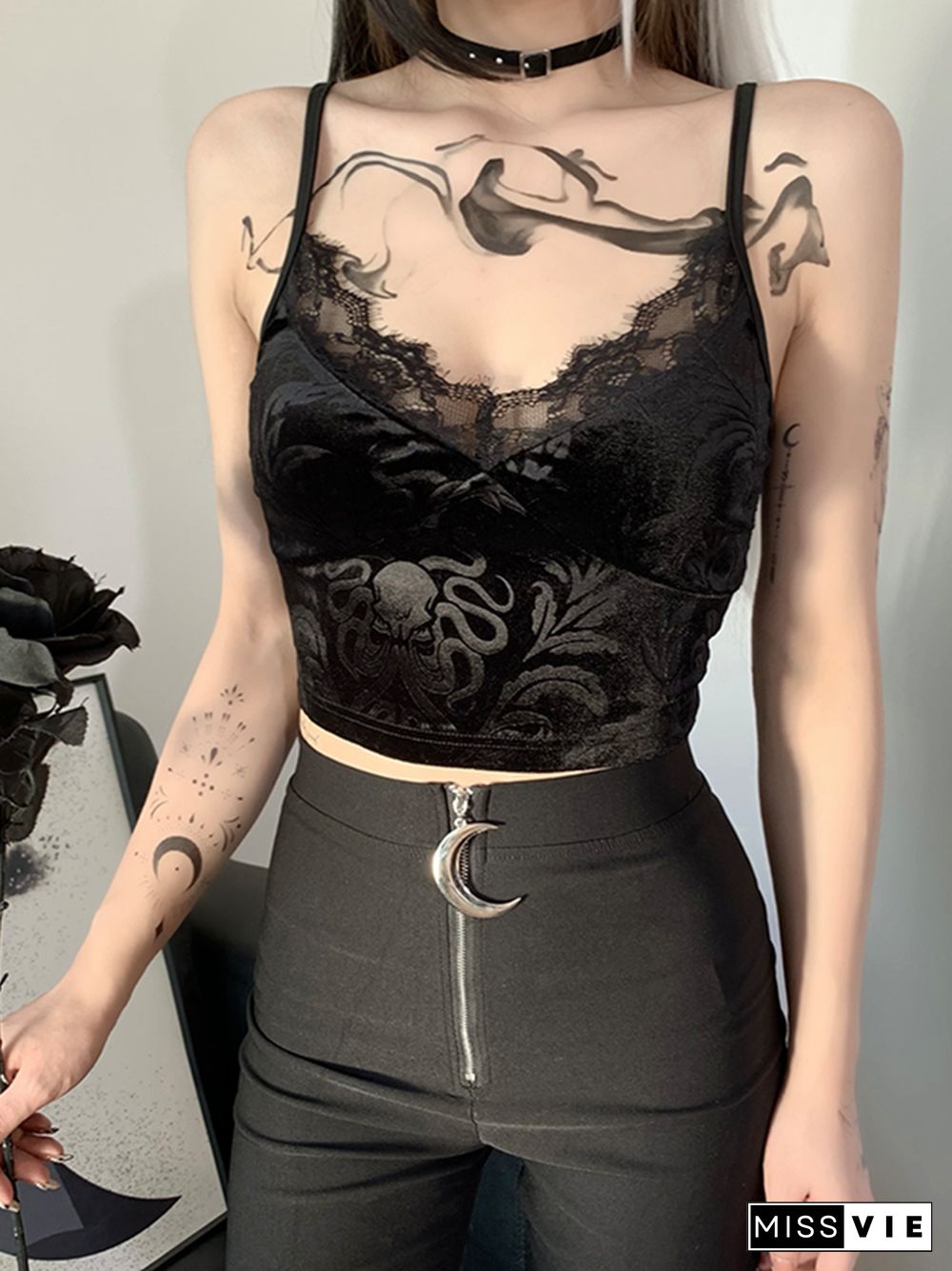 Mall Goth Lace Trim Black Camis Vintage Aesthetic Basic Camisole Women Sexy Spaghetti Straps Backless Corset Top