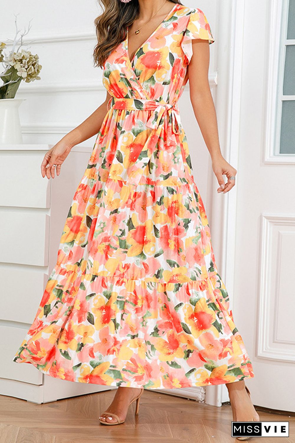 V Neck Flare Sleeves Floral Maxi Dress With Sash