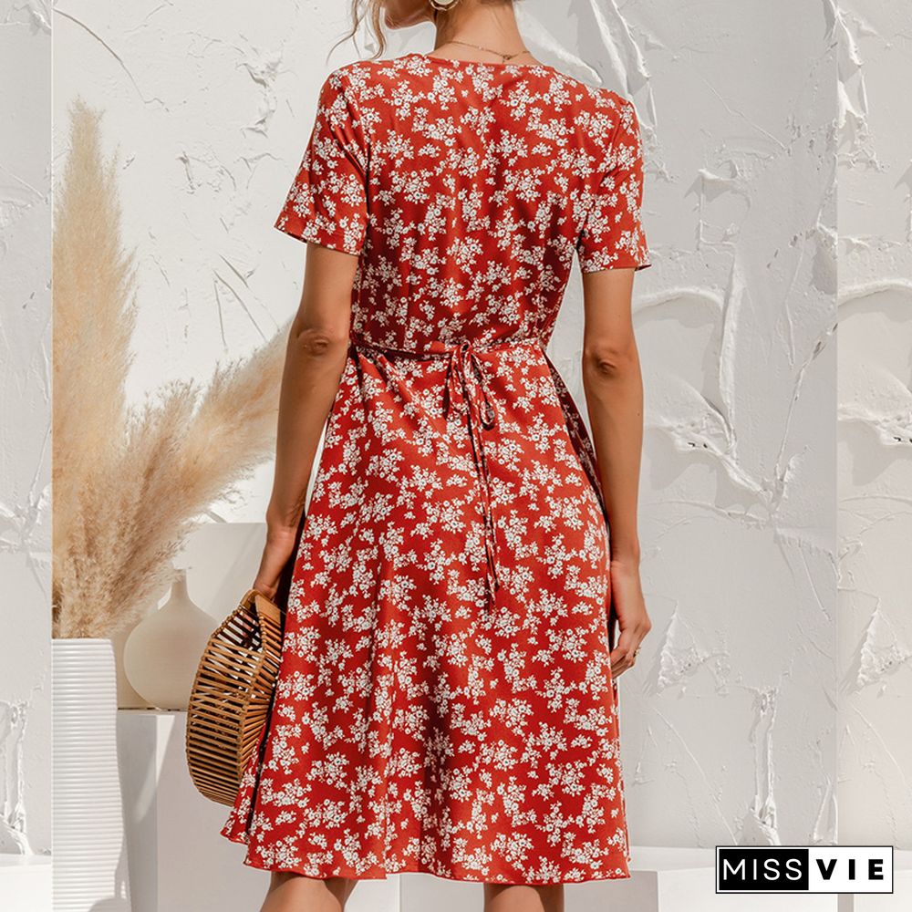 Short Sleeve Women Summer Beach Midi Dress V-neck Lace-up Flower Dress New Sexy High Waist Retro Mid-length Printed Dress