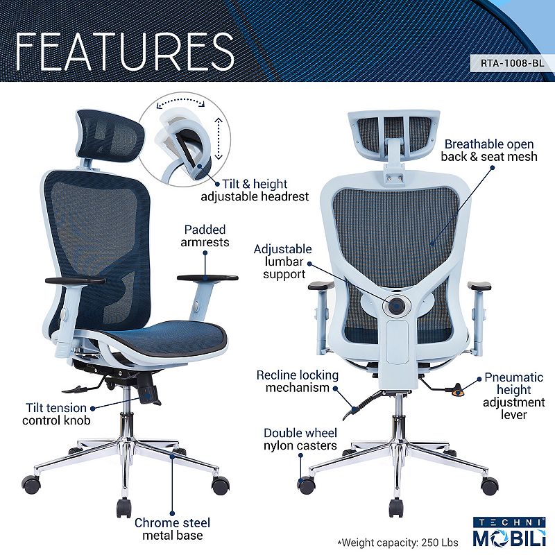 Techni Mobili High-Back Executive Blue Mesh Office Chair