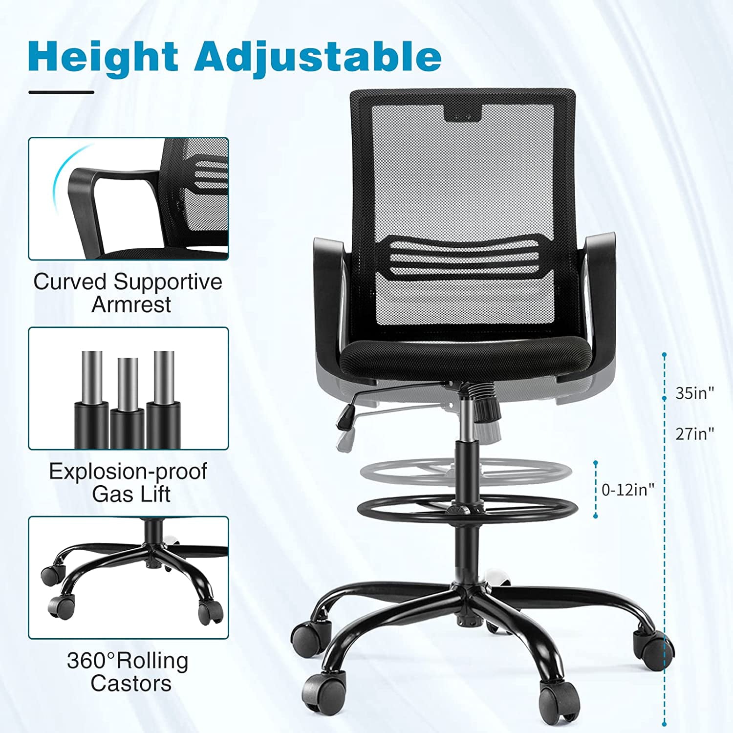 Tall Office Chair, Mesh Back Drafting Chair, Ergonomic Swivel Rolling Desk Chair with Adjustable Foot Ring for Home Bar Kitchen, Black