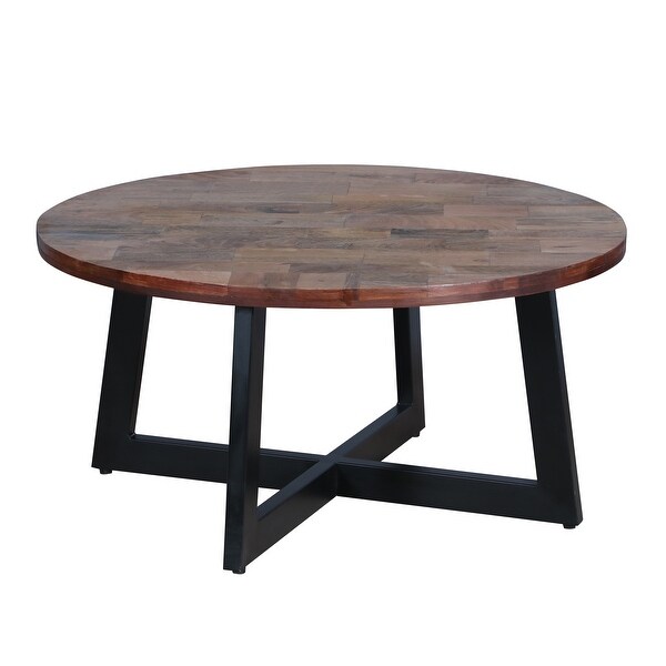 31 Inch Round Mango Wood Farmhouse Coffee Table， X Shape Iron Frame， Brown， Black