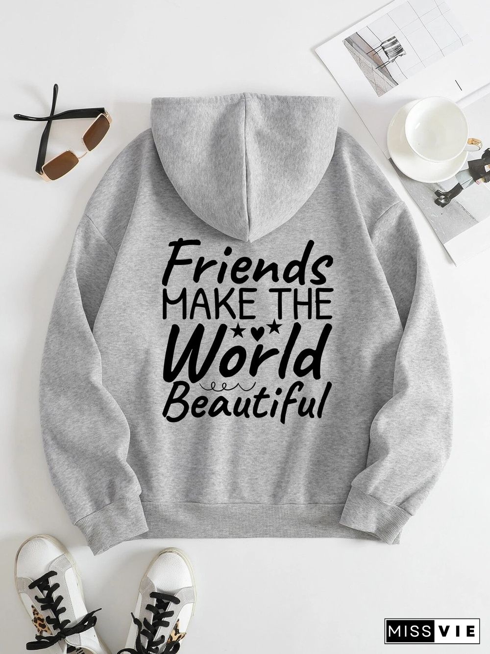 Printed on the Back Kangaroo Pocket Hoodie Long Sleeve for Women Pattern Friends Make the World Beautiful