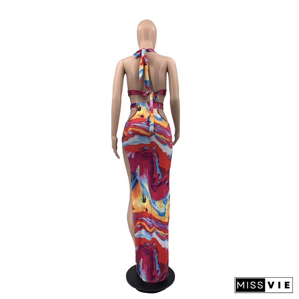 Sexy Tie Dye Summer Woman Clothes Lace Up Hollow Out Backless Split Halter Chic Skinny Long Dress