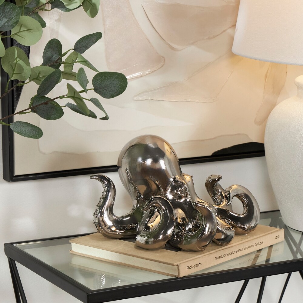 Silver Ceramic Octopus Sculpture with Textured Tentacles