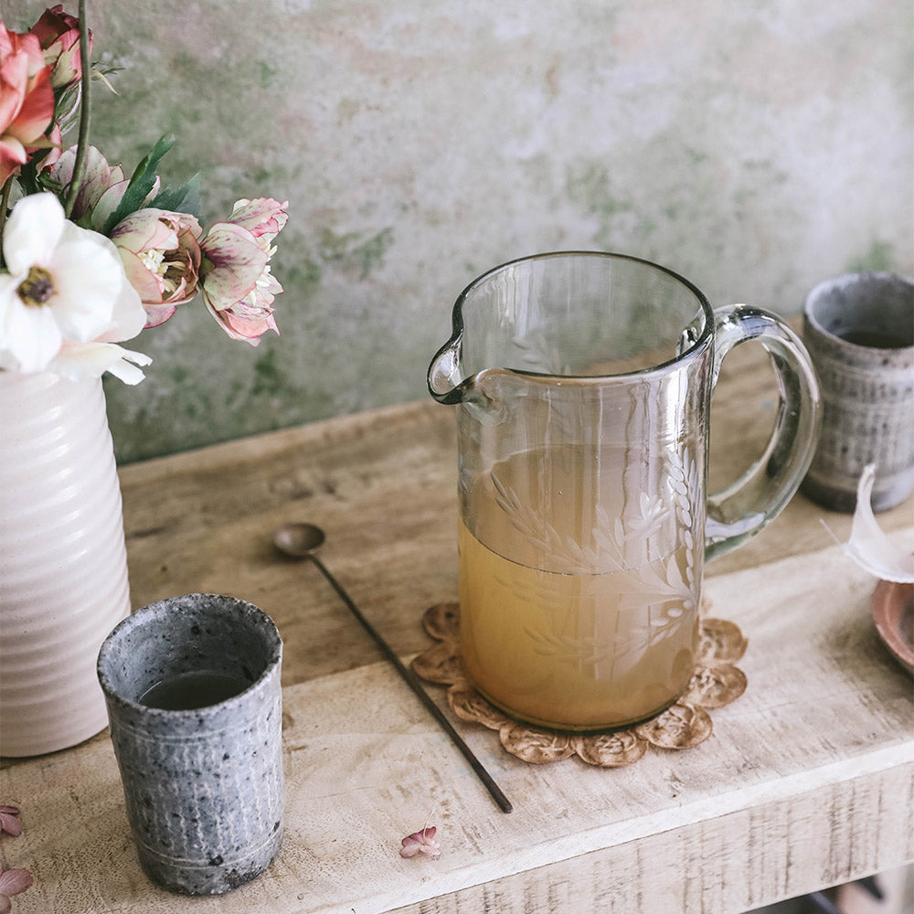 Etched Artisan Glass Pitcher