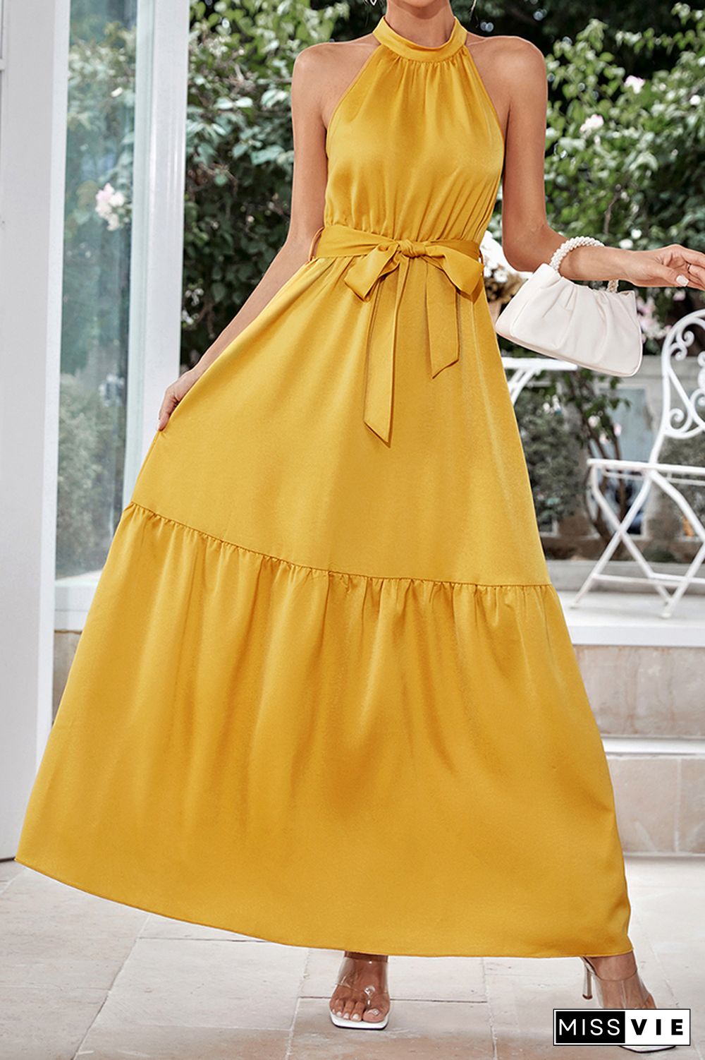 Silky Plain Halter Tiered Maxi Dress