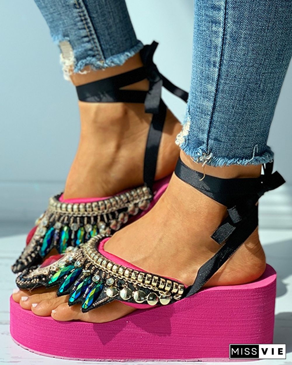 Studded Rhinestone Toe Post Wedge Sandals