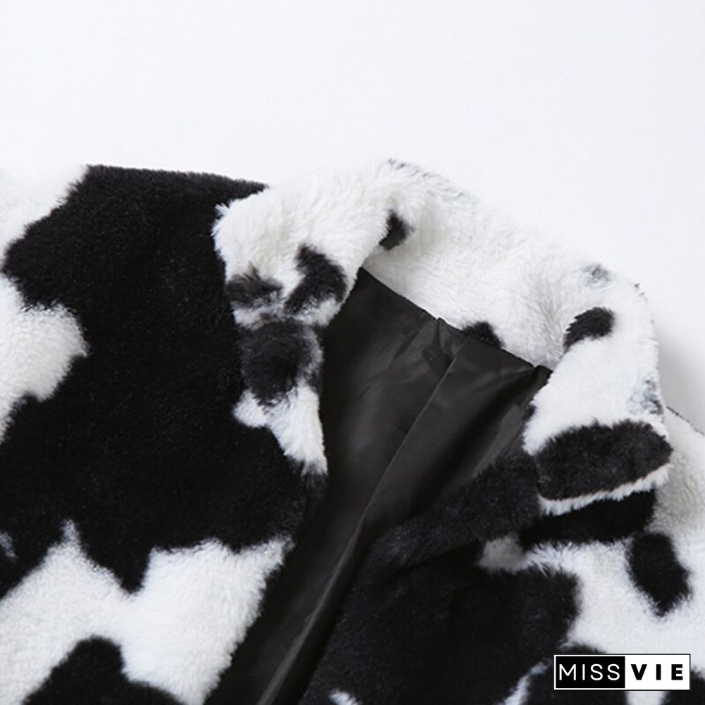 Winter Faux Fur Cows Printing Coats Women Long Sleeve Fur Cropped Jacket Woman Casual Gothic Furry Warm Streetwear Harajuku