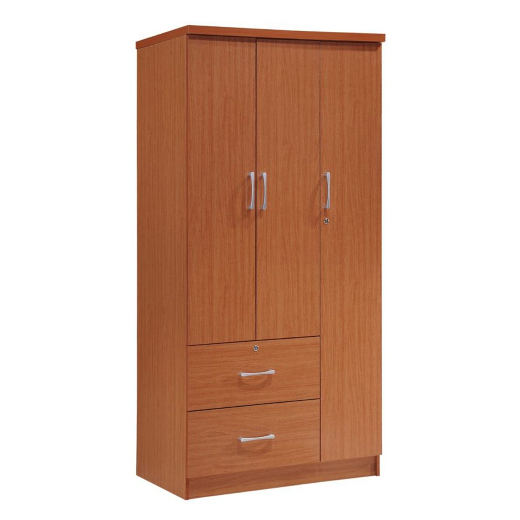 Hodedah Import 3 Door Armoire with Clothing Rod， Shelves， and 2 Drawers， Cherry - - 37191655