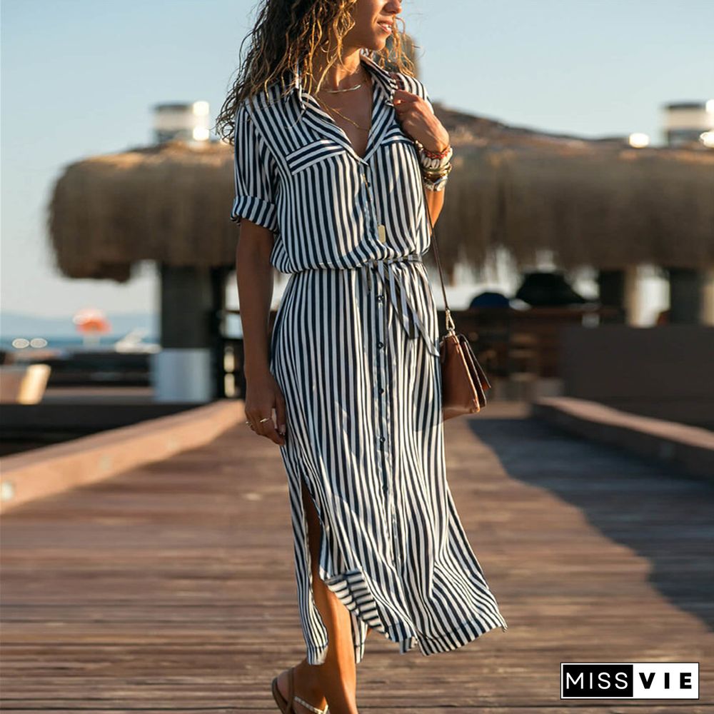 Long Striped Long Sleeve Long Shirt Dress