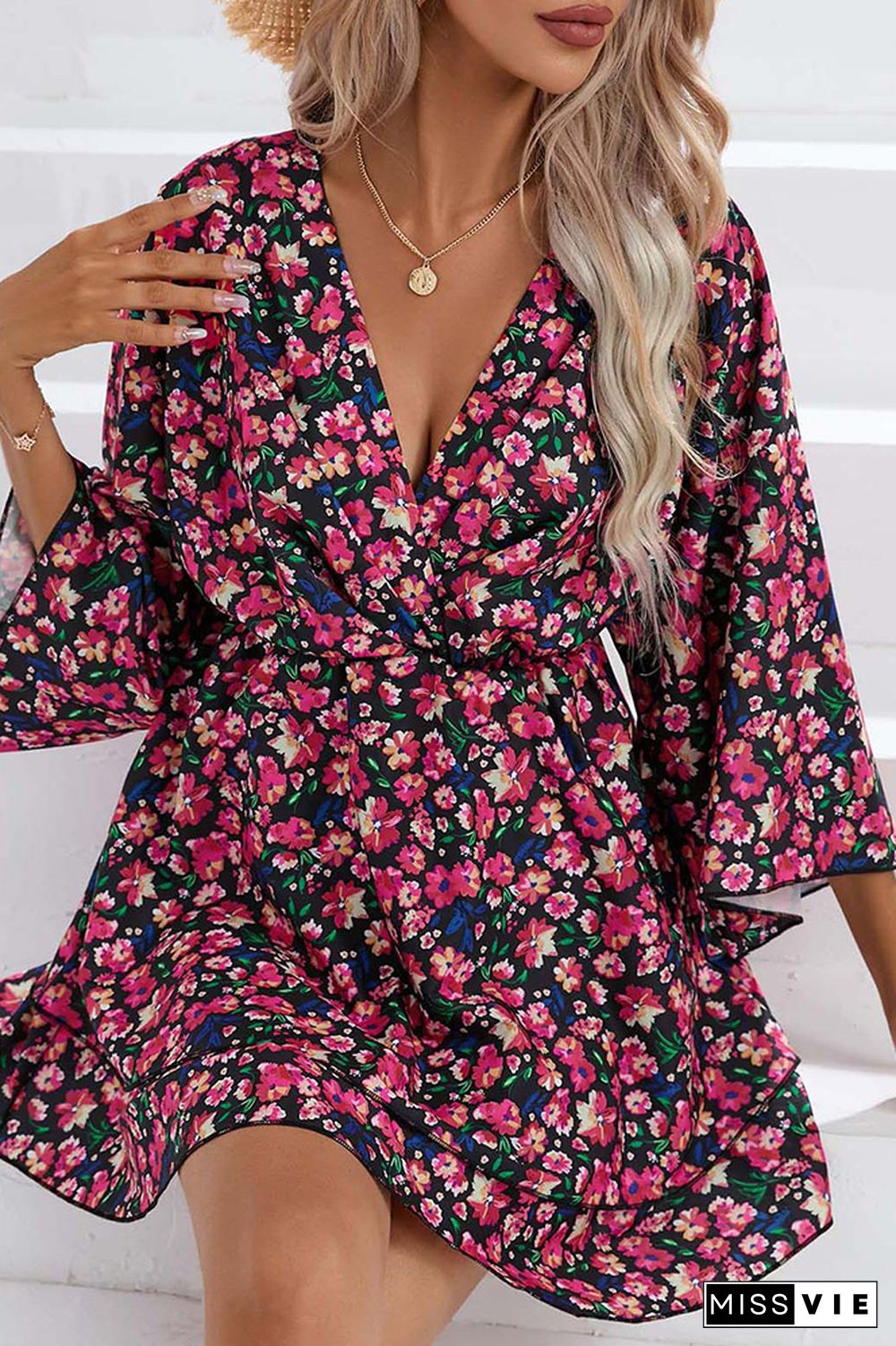 V Neck Drawstring Floral Dress