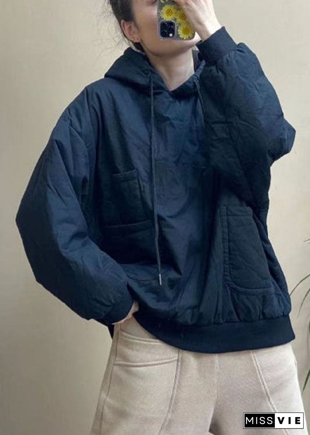 Luxury Blue Pockets drawstring Winter Cotton hooded sweatshirt
