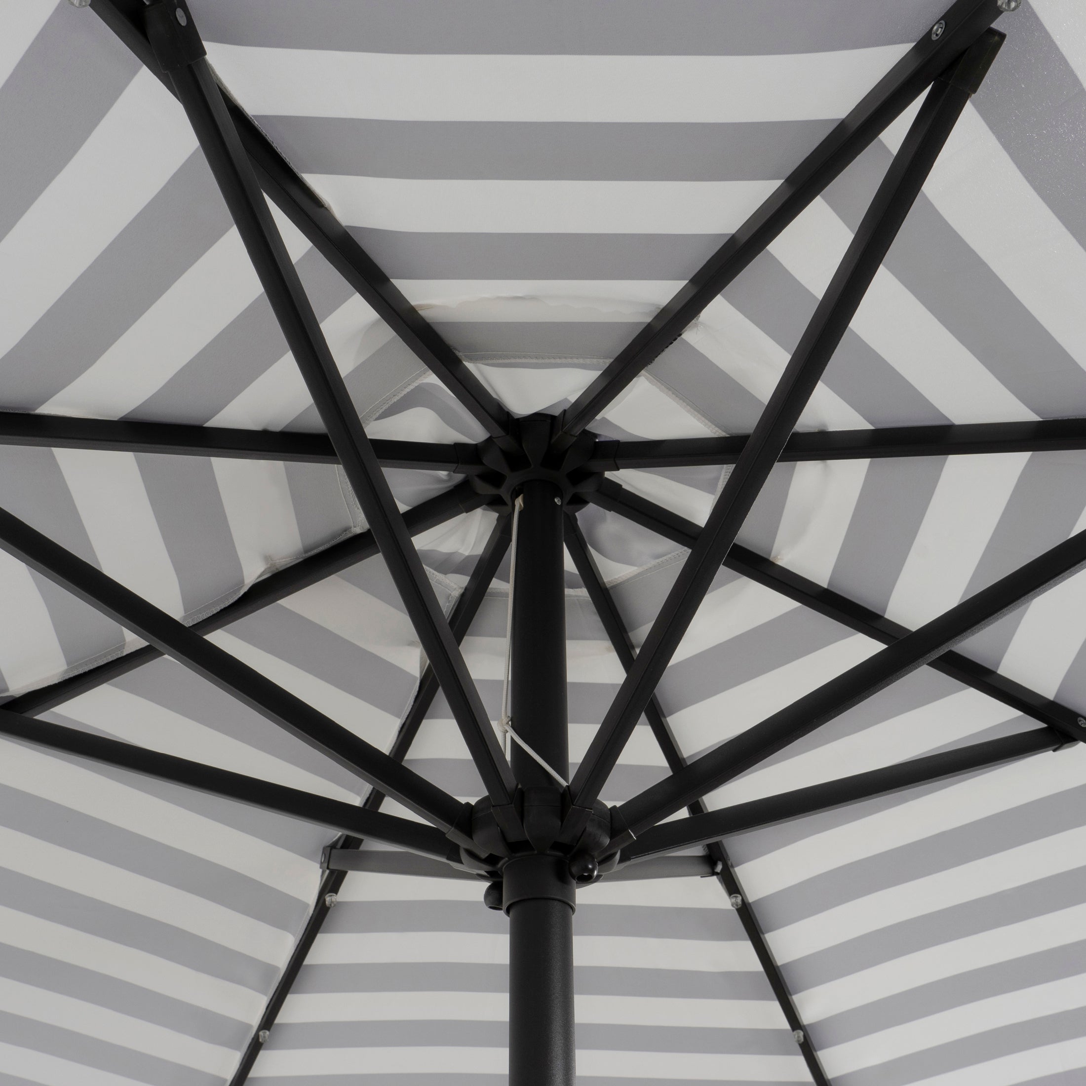 Westin Outdoor 9 Ft Solar LED Market Patio Umbrella With Black Round Free Standing Base Included, Gray/White Stripe